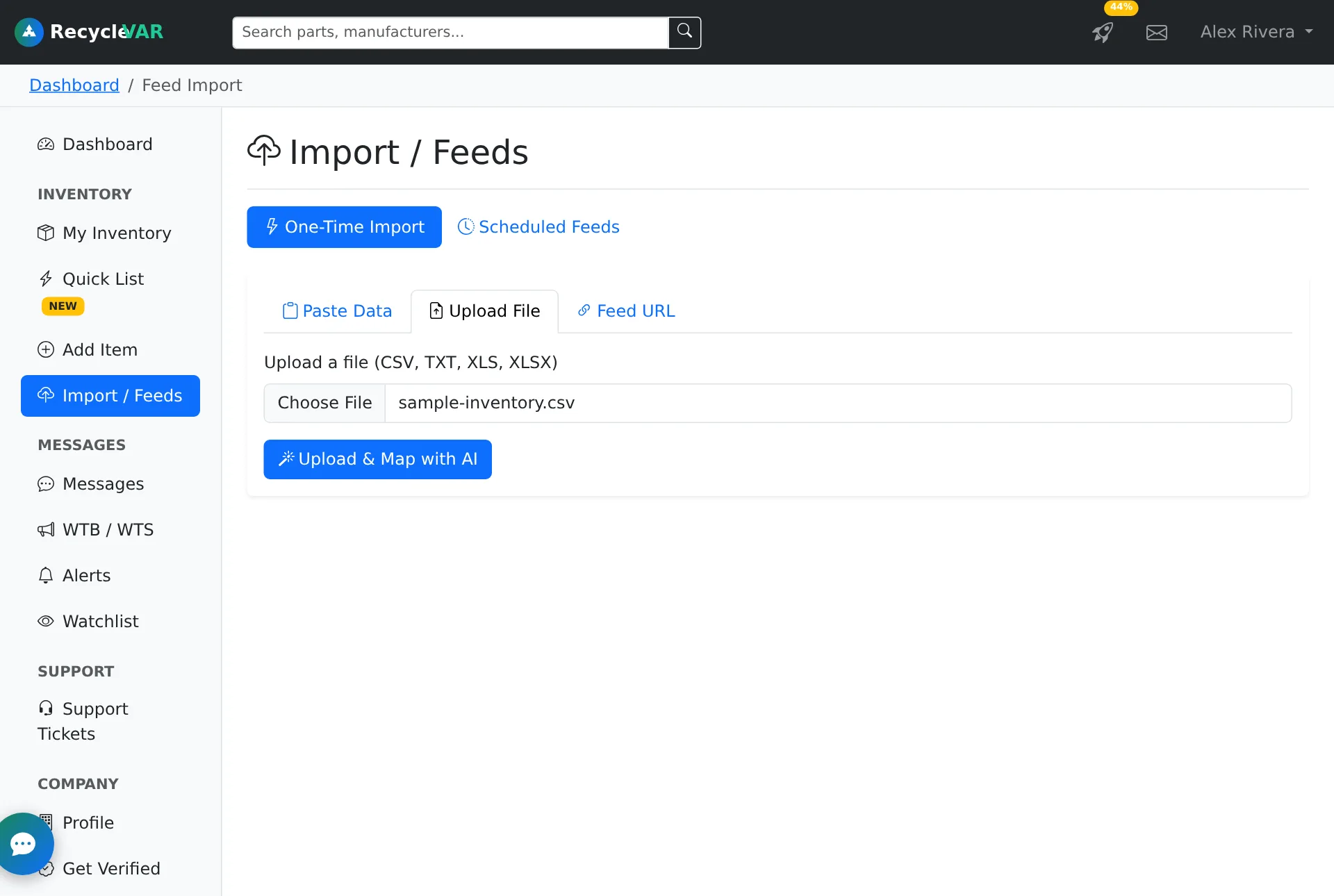 The Upload File tab of Import / Feeds with a CSV selected