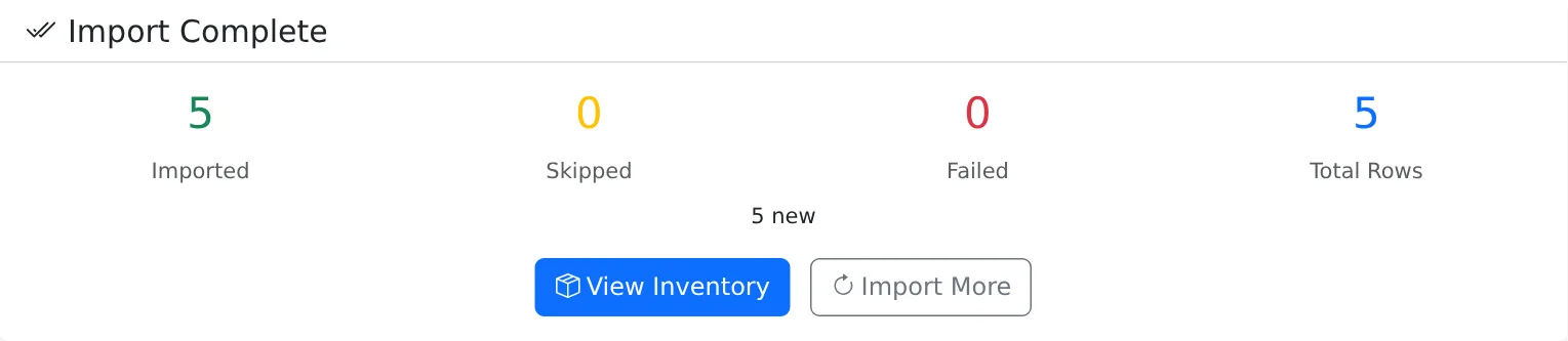 Import complete: 5 imported, 0 skipped, 0 failed