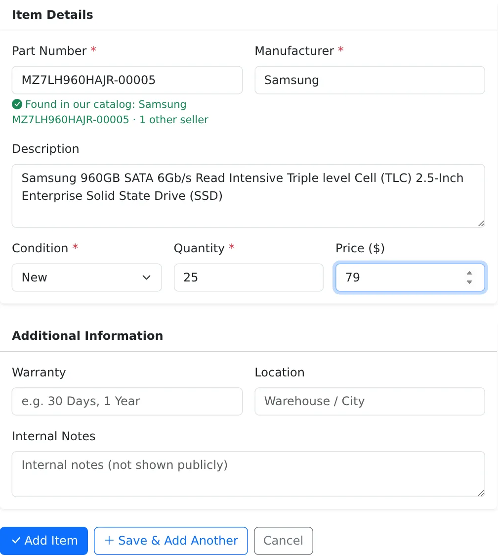 The Add Item form with the part number found in the catalog