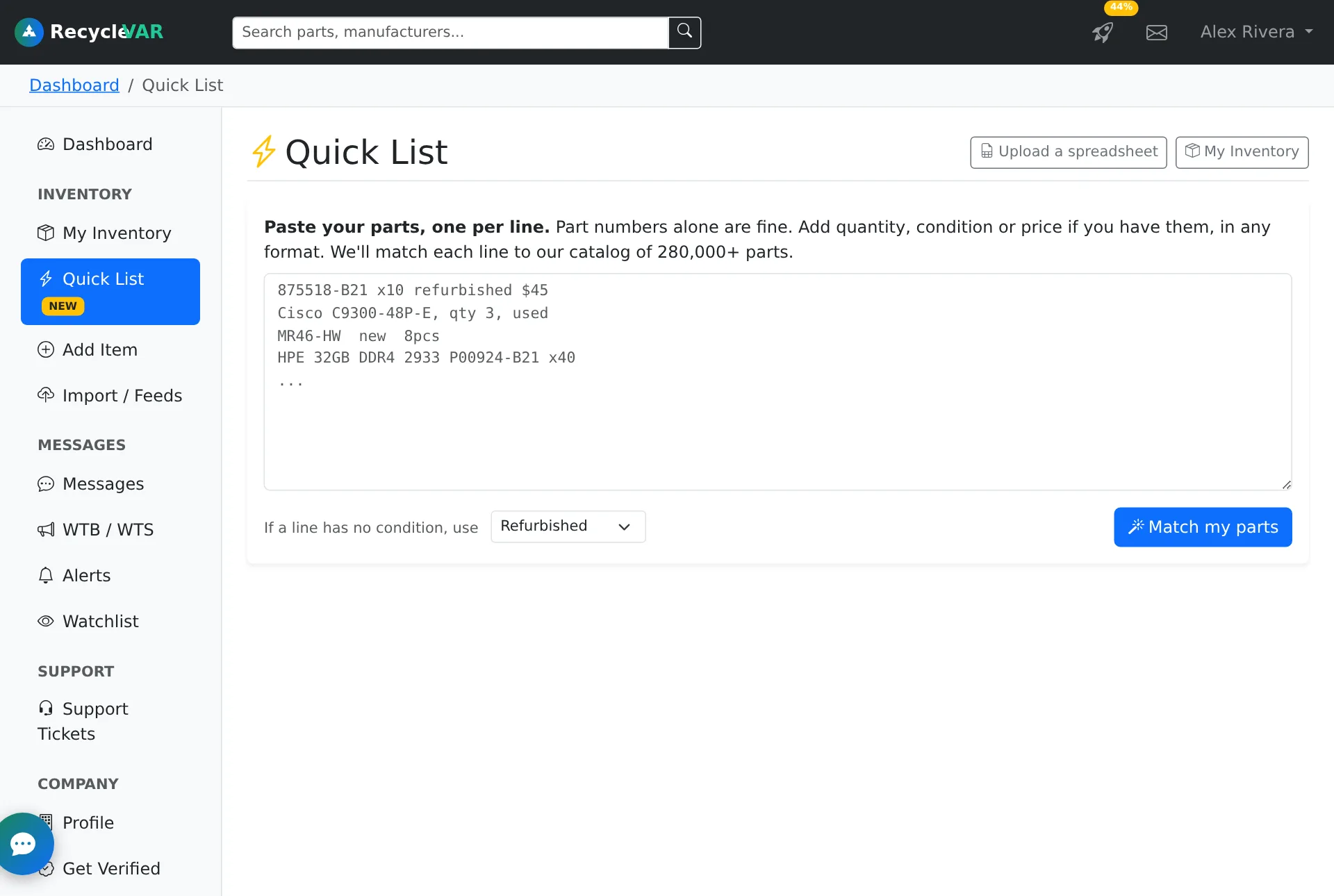 The Quick List page in the RecycleVAR dashboard