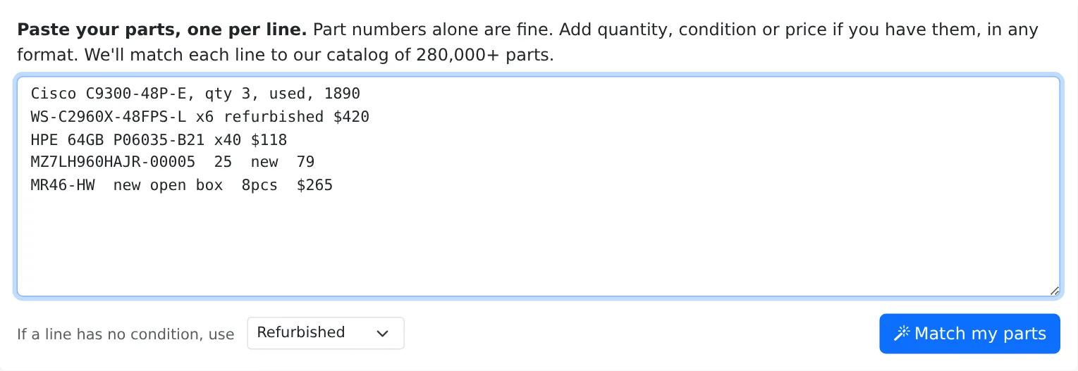 Five lines of parts pasted into Quick List