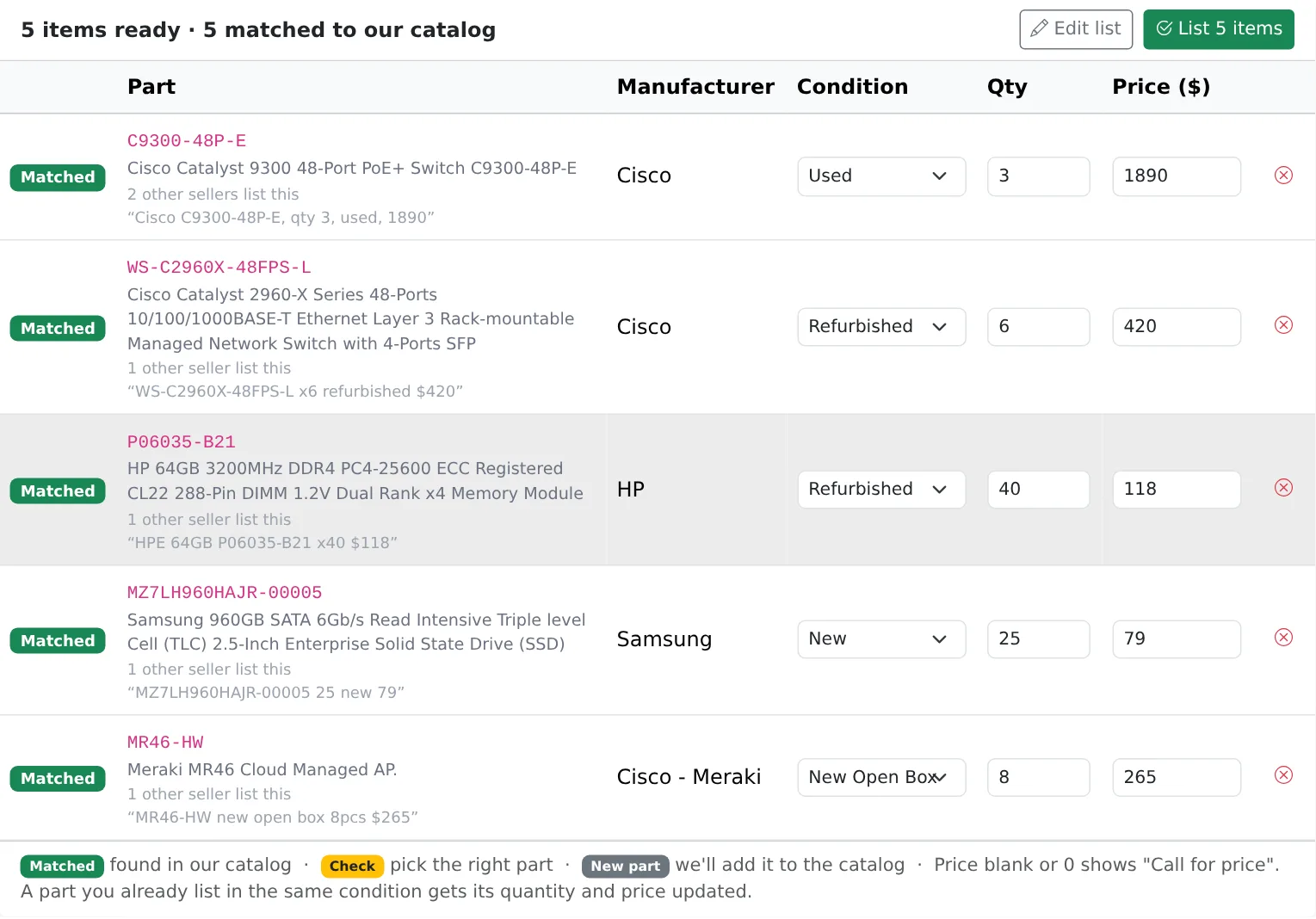 Quick List matching five pasted part numbers to the RecycleVAR catalog
